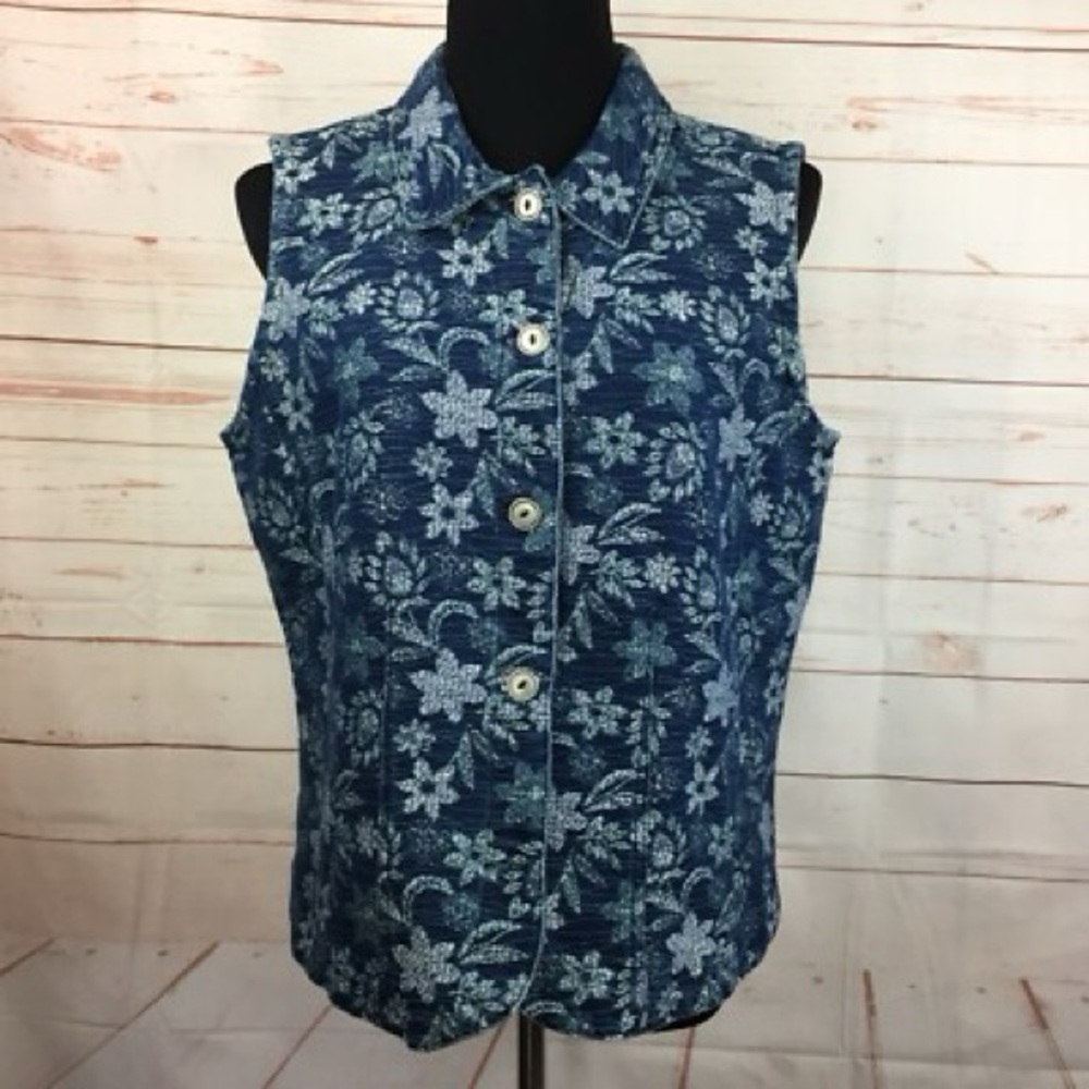 Coldwater creek vintage Sleeveless Floral Quilted Denim Vest - Blue